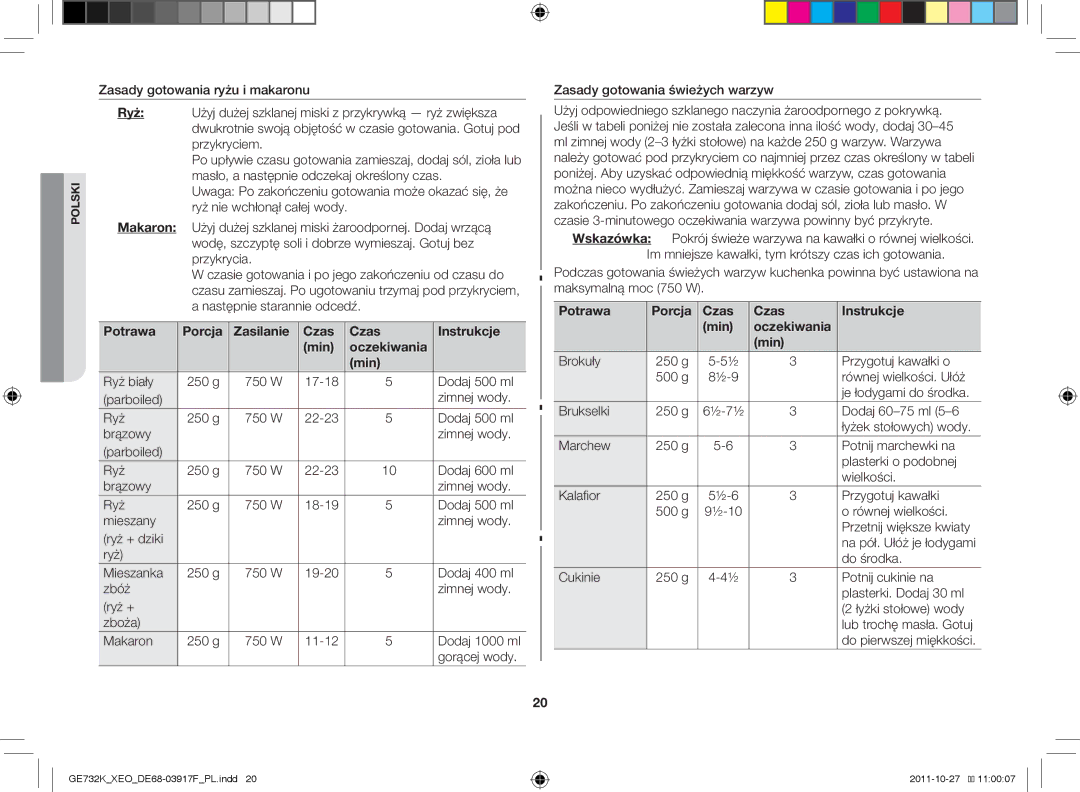 Samsung GE732K-B/XEO manual Potrawa Porcja Zasilanie Czas Instrukcje Min Oczekiwania, Potrawa Porcja Czas Instrukcje Min 