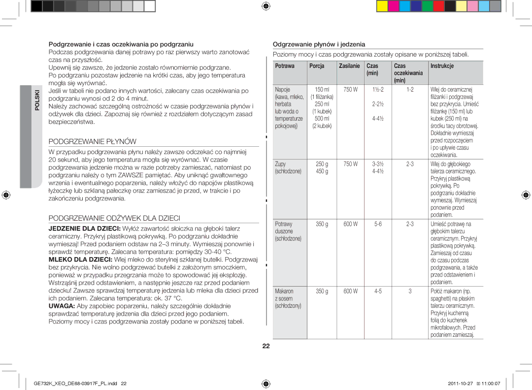 Samsung GE732K-B/XEO manual Podgrzewanie Płynów, Podgrzewanie Odżywek DLA Dzieci 