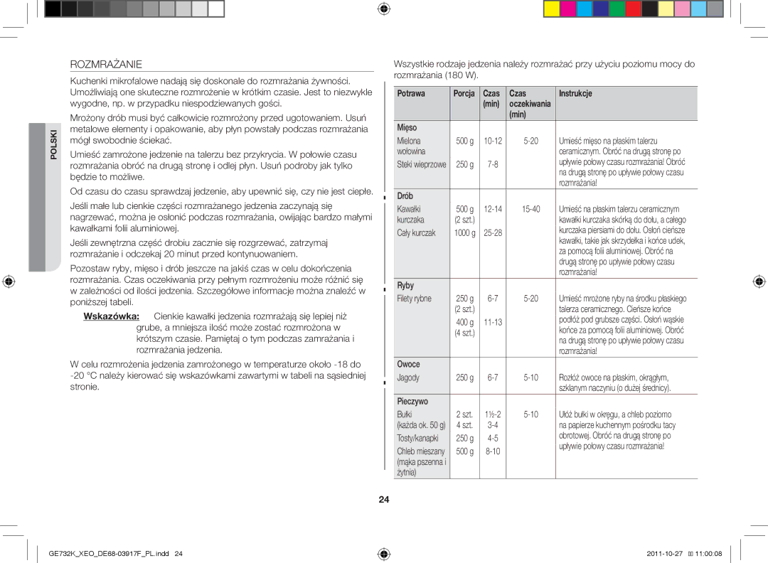 Samsung GE732K-B/XEO manual Rozmrażanie 