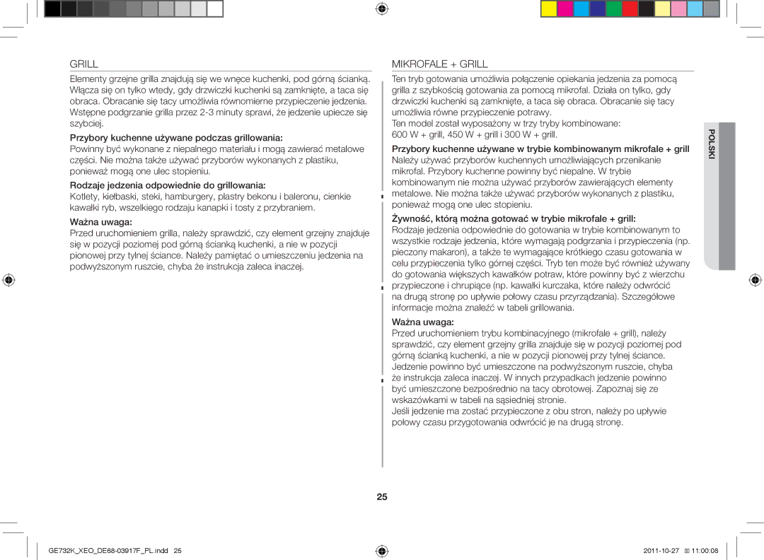 Samsung GE732K-B/XEO manual Mikrofale + Grill, Ważna uwaga 