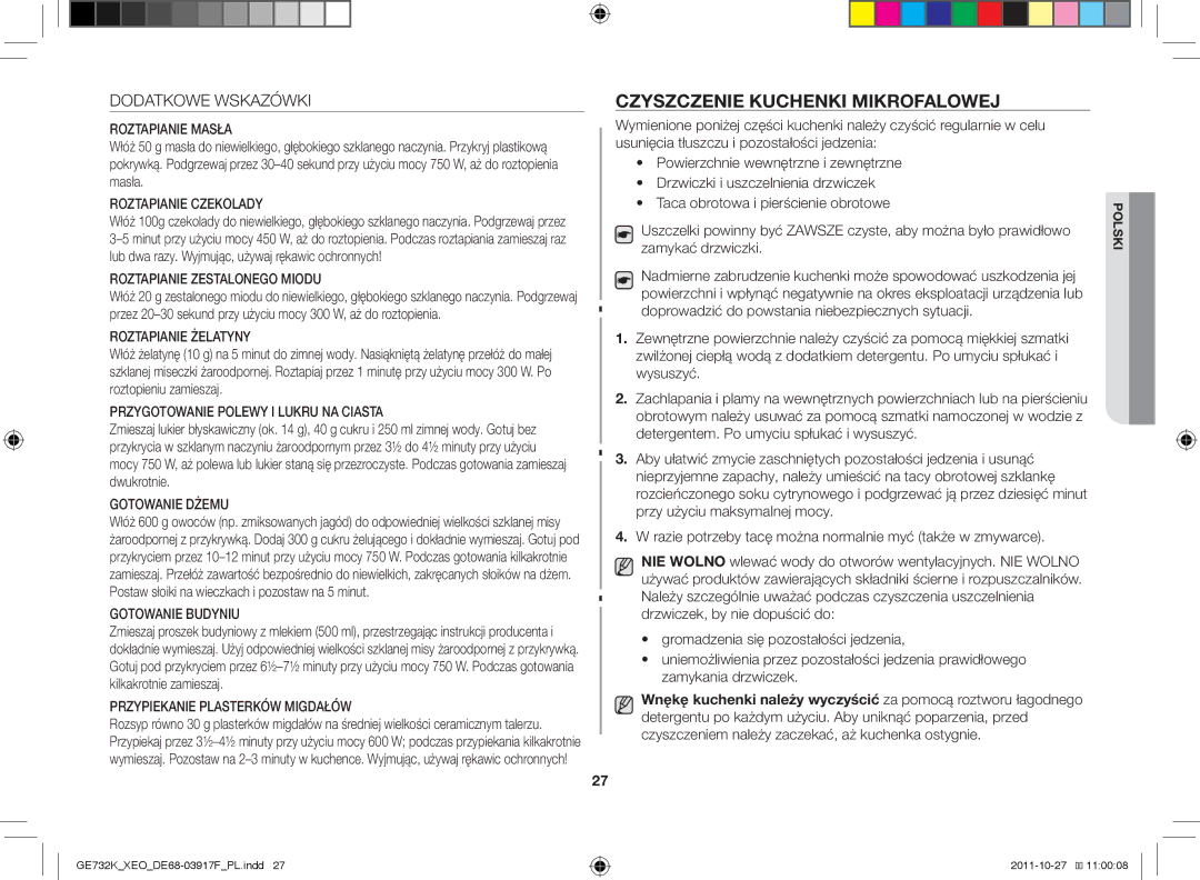 Samsung GE732K-B/XEO manual Czyszczenie kuchenki mikrofalowej, Dodatkowe Wskazówki 