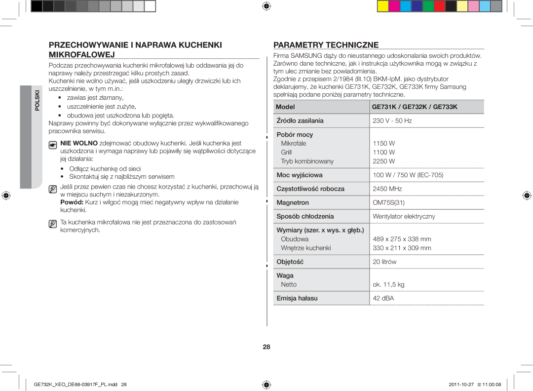 Samsung GE732K-B/XEO Przechowywanie i naprawa kuchenki mikrofalowej, Parametry techniczne, Model GE731K / GE732K / GE733K 