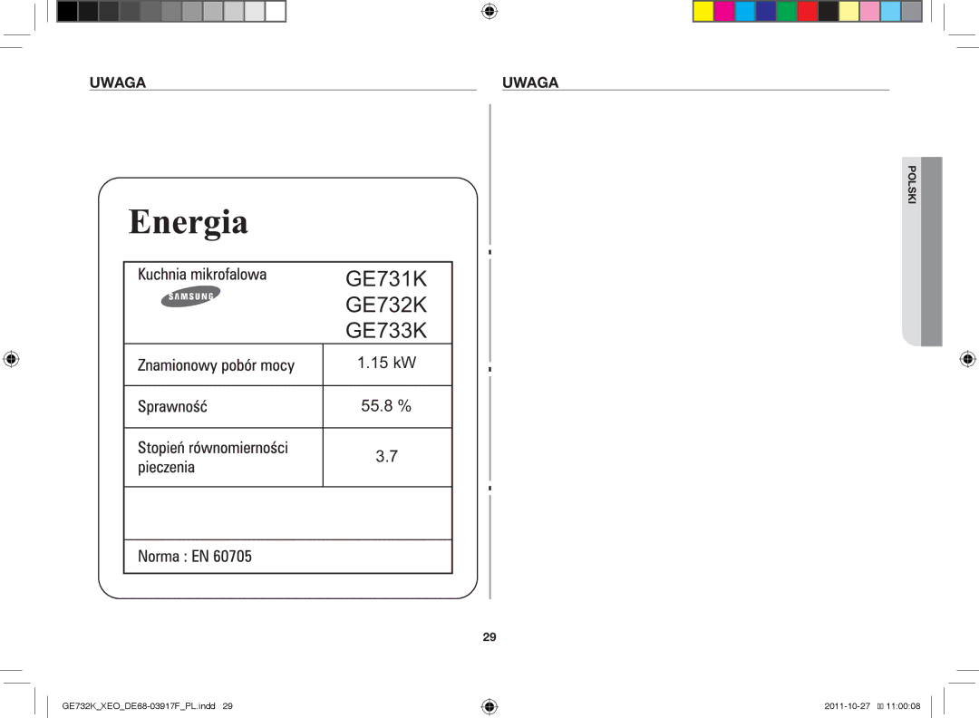 Samsung GE732K-B/XEO manual GE731K GE732K GE733K, Uwaga 