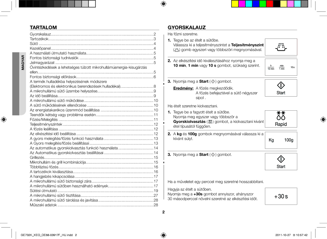 Samsung GE732K-B/XEO manual Tartalom, Gyorskalauz, Termék hulladékba helyezésének módszere 