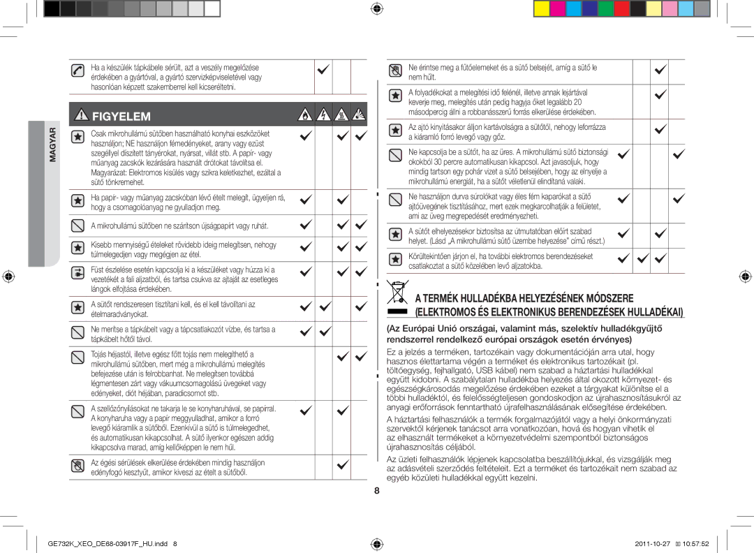 Samsung GE732K-B/XEO manual Figyelem, Mikrohullámú sütőben ne szárítson újságpapírt vagy ruhát 