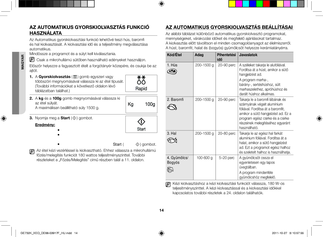 Samsung GE732K-B/XEO manual Az automatikus gyorskiolvasztás funkció használata, Az Automatikus gyorskiolvasztás beállításai 