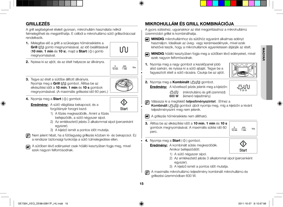 Samsung GE732K-B/XEO manual Grillezés, Mikrohullám és grill kombinációja 