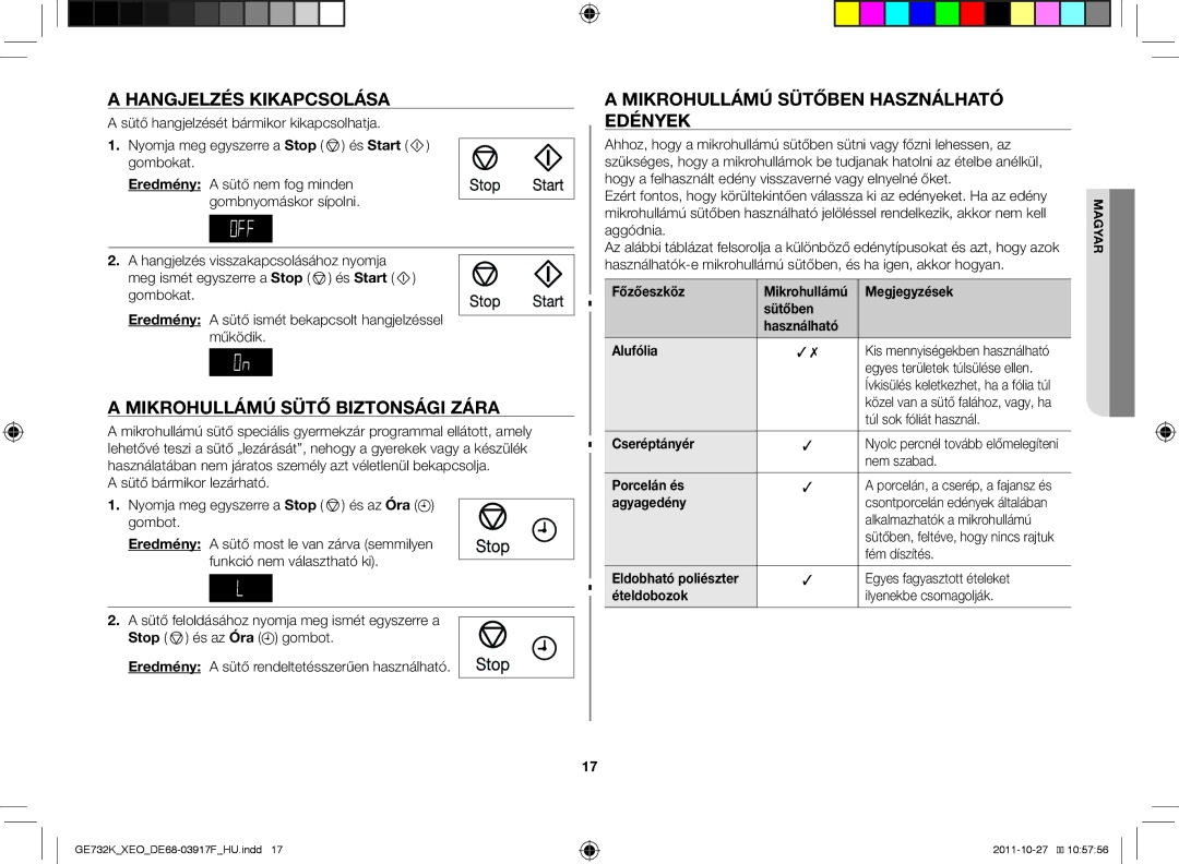 Samsung GE732K-B/XEO Hangjelzés kikapcsolása, Mikrohullámú sütő biztonsági zára, Mikrohullámú sütőben használható edények 