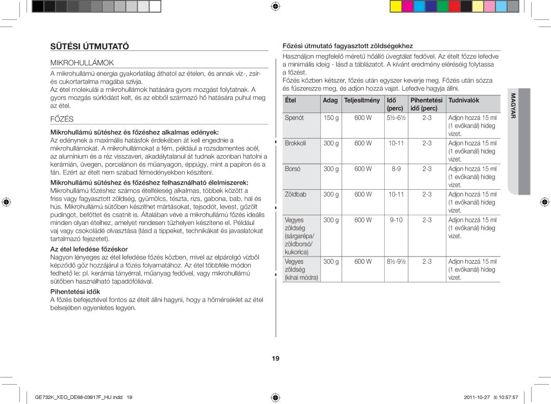 Samsung GE732K-B/XEO manual Sütési útmutató, Mikrohullámok, Főzés 