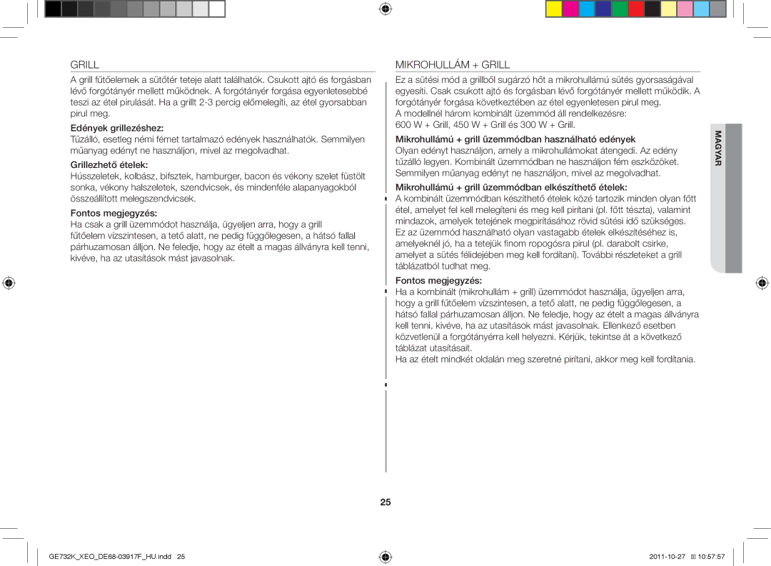 Samsung GE732K-B/XEO manual Mikrohullám + Grill 