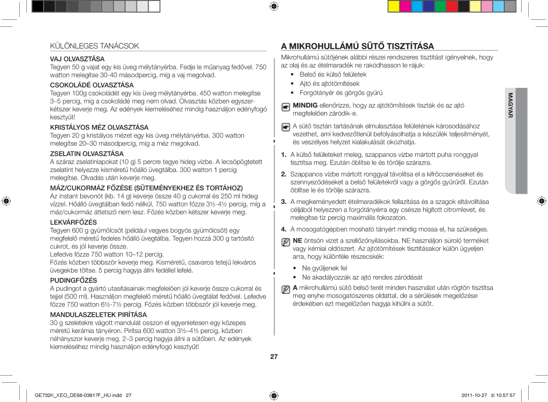 Samsung GE732K-B/XEO manual Mikrohullámú sütő tisztítása, Különleges Tanácsok 