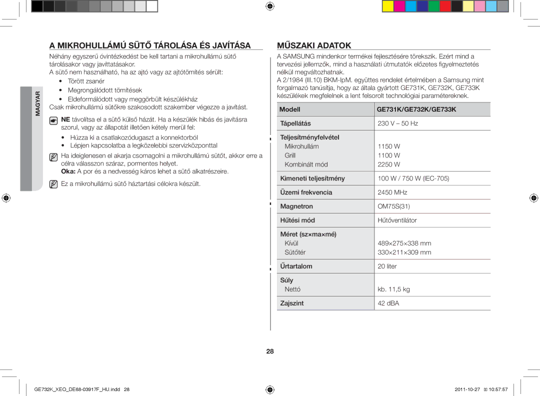 Samsung GE732K-B/XEO manual Mikrohullámú sütő tárolása és javítása, Műszaki adatok, Modell GE731K/GE732K/GE733K 