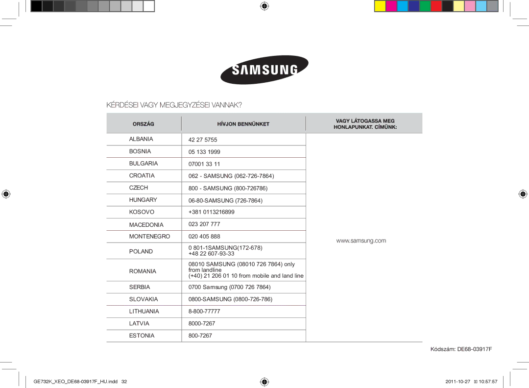 Samsung GE732K-B/XEO manual +381, 801-1SAMSUNG172-678, +48 22 Samsung 08010 726 7864 only 