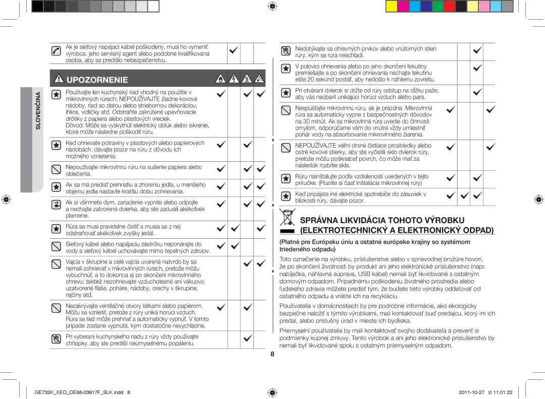 Samsung GE732K-B/XEO manual Upozornenie 