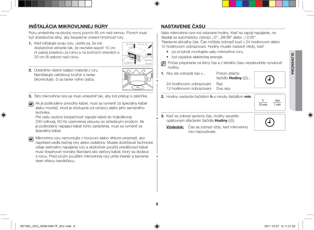 Samsung GE732K-B/XEO manual Inštalácia mikrovlnnej rúry Nastavenie času 