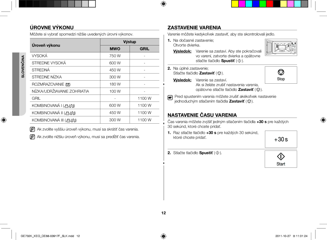 Samsung GE732K-B/XEO manual Úrovne výkonu, Zastavenie varenia, Nastavenie času varenia, Úroveň výkonu Výstup 