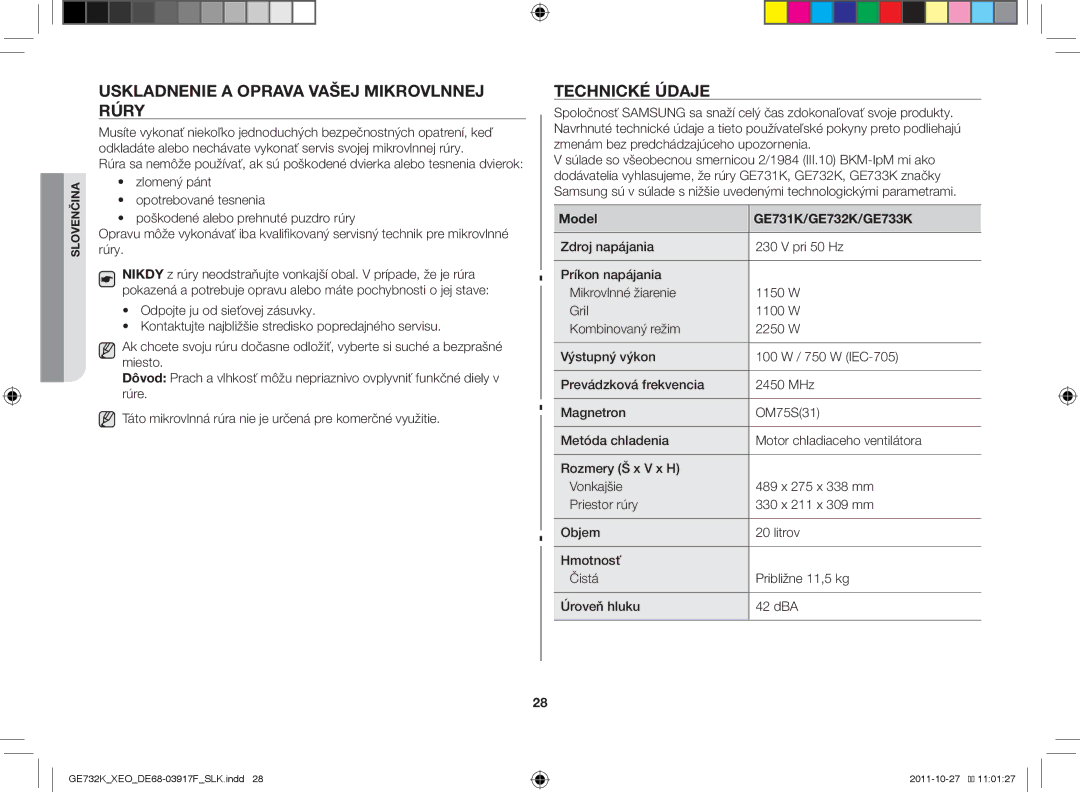 Samsung GE732K-B/XEO manual Uskladnenie a oprava vašej mikrovlnnej rúry, Technické údaje, Model GE731K/GE732K/GE733K 