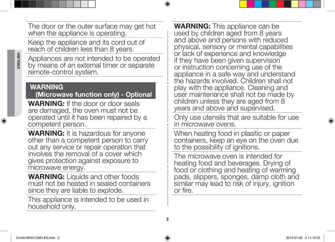 Samsung GE732K-S/XET manual This appliance is intended to be used in household only, Microwave function only Optional 