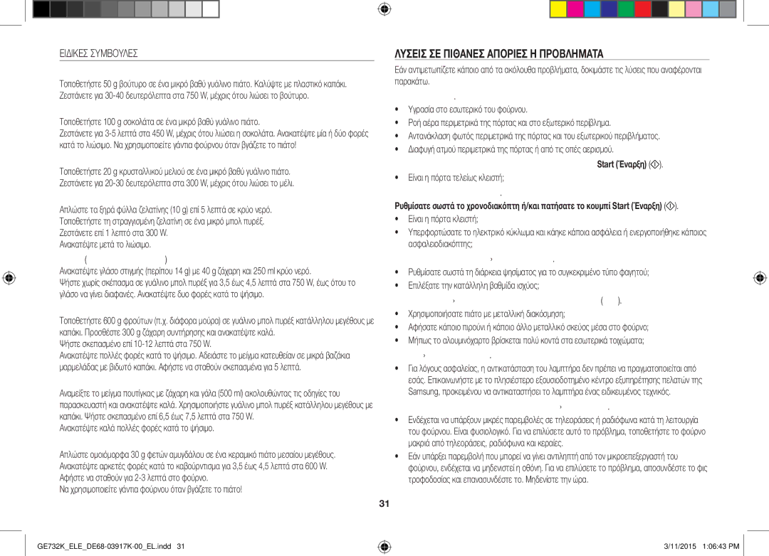 Samsung GE732K/XEC, GE732K/ELE, GE732K/XEO manual Λύσεισ ΣΕ Πιθανέσ Απορίεσ Ή Προβλήματα, Ειδικεσ Συμβουλεσ 