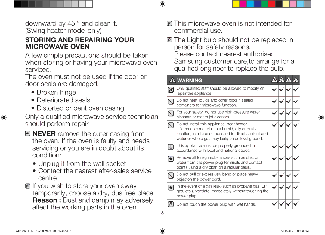 Samsung GE732K/ELE, GE732K/XEC, GE732K/XEO manual Storing and Repairing Your Microwave Oven 