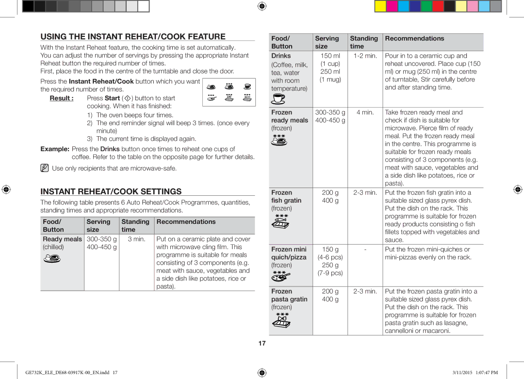 Samsung GE732K/ELE, GE732K/XEC, GE732K/XEO manual Using the Instant REHEAT/COOK Feature, Instant REHEAT/COOK Settings 