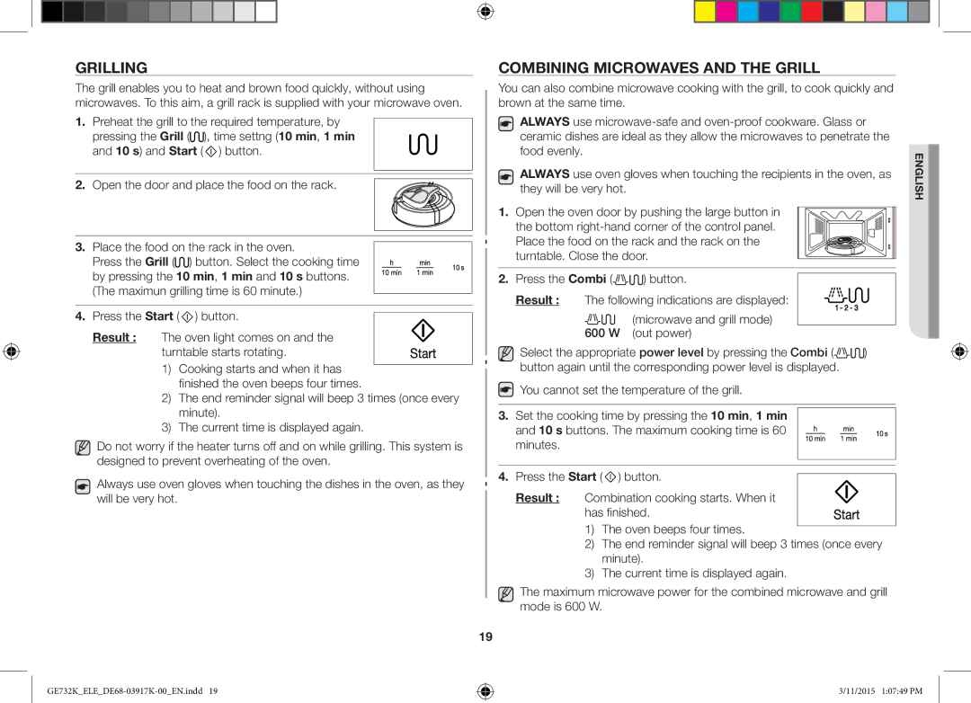 Samsung GE732K/XEO, GE732K/ELE, GE732K/XEC manual Grilling, Combining Microwaves and the Grill 