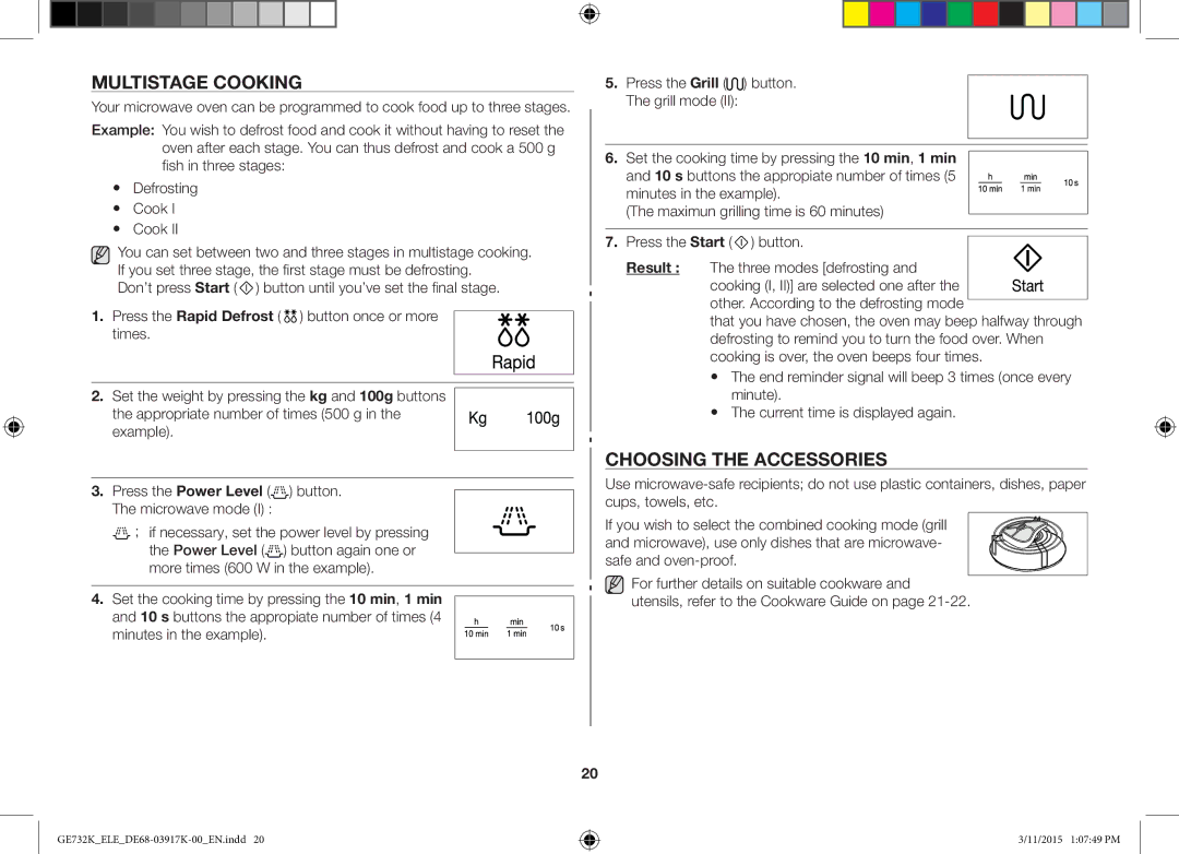 Samsung GE732K/ELE, GE732K/XEC, GE732K/XEO manual Multistage Cooking, Choosing the Accessories, Safe and oven-proof 