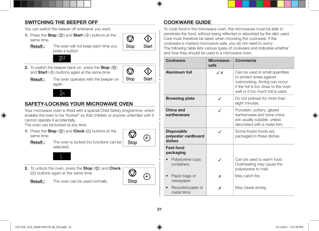 Samsung GE732K/XEC, GE732K/ELE, GE732K/XEO Switching the Beeper OFF, SAFETY-LOCKING Your Microwave Oven, Cookware Guide 