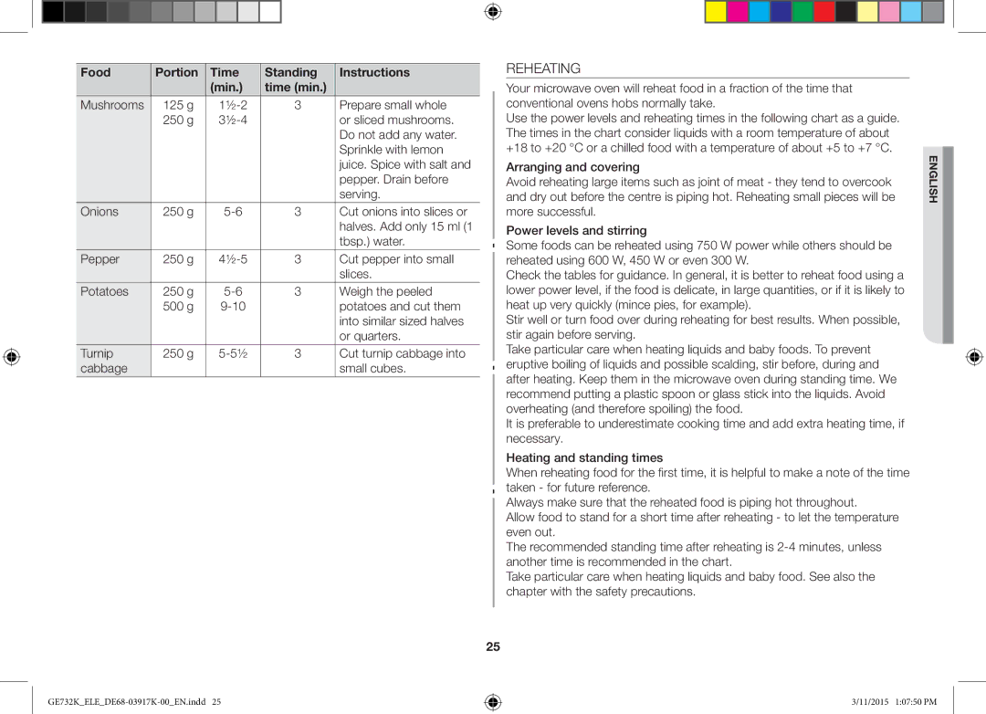 Samsung GE732K/XEO, GE732K/ELE, GE732K/XEC manual Reheating 