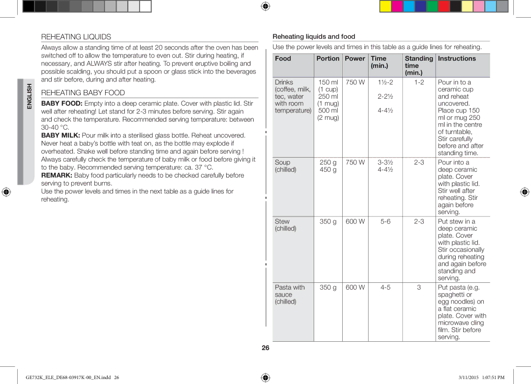 Samsung GE732K/ELE, GE732K/XEC, GE732K/XEO manual Reheating Liquids, Reheating Baby Food 