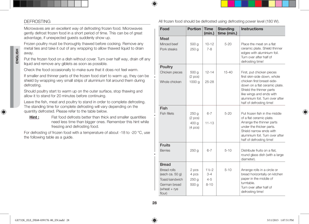 Samsung GE732K/XEO, GE732K/ELE, GE732K/XEC manual Defrosting, Meat, Fish, Fruits, Bread 