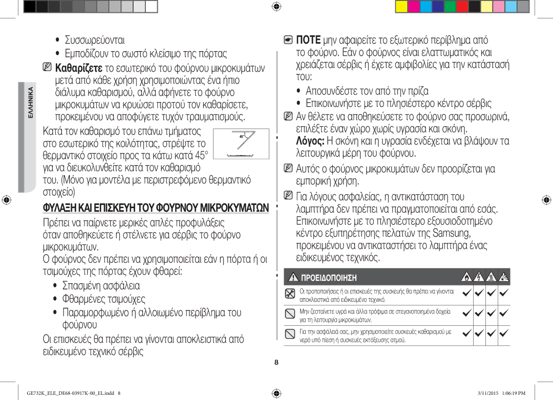 Samsung GE732K/XEO, GE732K/ELE, GE732K/XEC manual Σπασμένη ασφάλεια Φθαρμένες τσιμούχες 