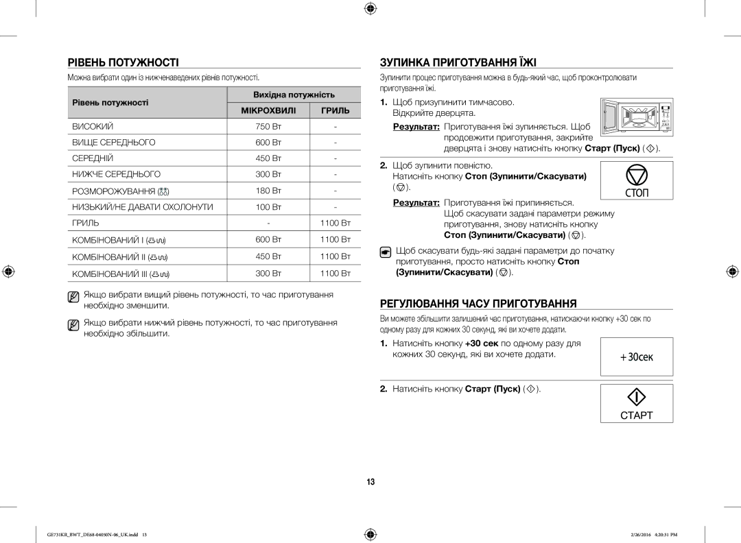 Samsung GE732KR/BWT Рівень Потужності, Зупинка Приготування ЇЖІ, Регулювання Часу Приготування, Стоп Зупинити/Скасувати 