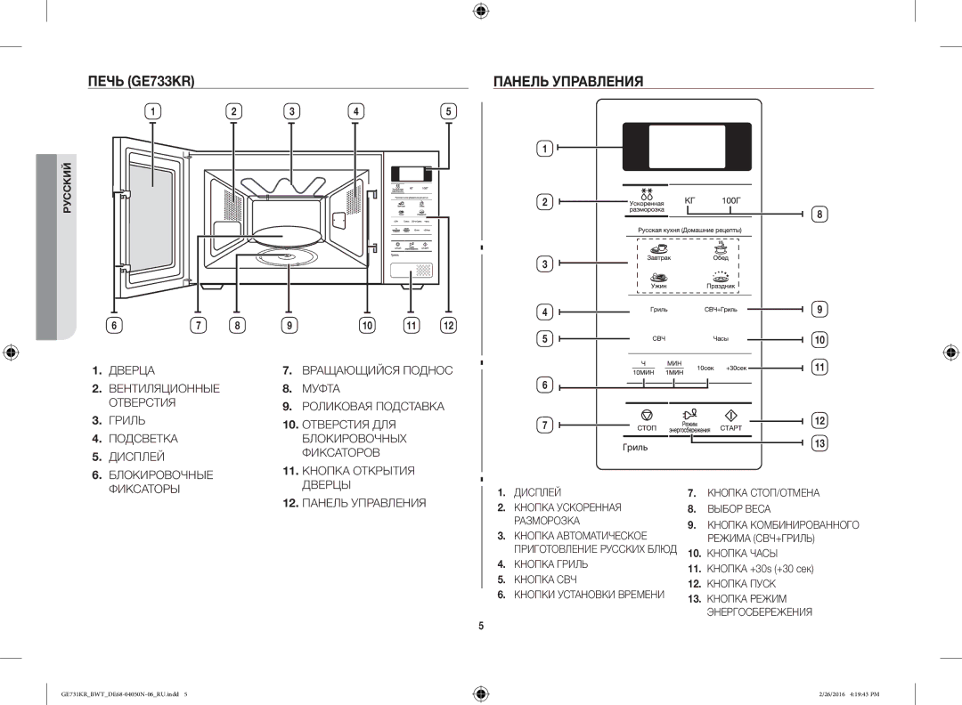 Samsung GE732KR/BWT manual Панель Управления, Кнопка +30s +30 сек 