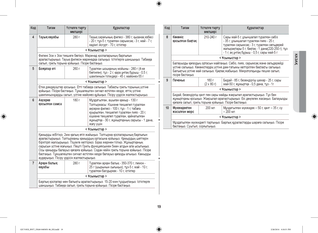 Samsung GE732KR/BWT manual Тауық кәуабы, Боярлар еті, Ақсерке, Арқан балық, Кәуабы, Көкөніс, 10 Мүкжидектен 200 мл 