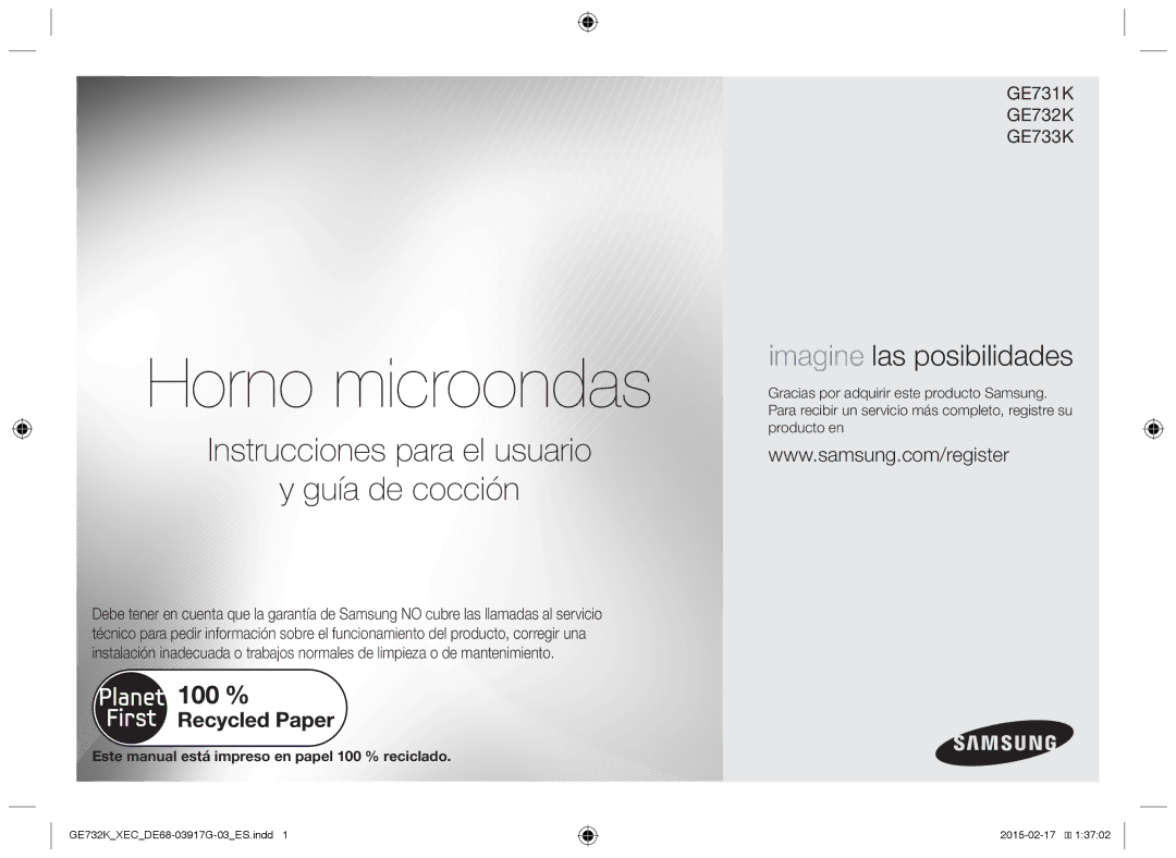 Samsung GE732K/XEC manual Horno microondas, Este manual está impreso en papel 100 % reciclado 