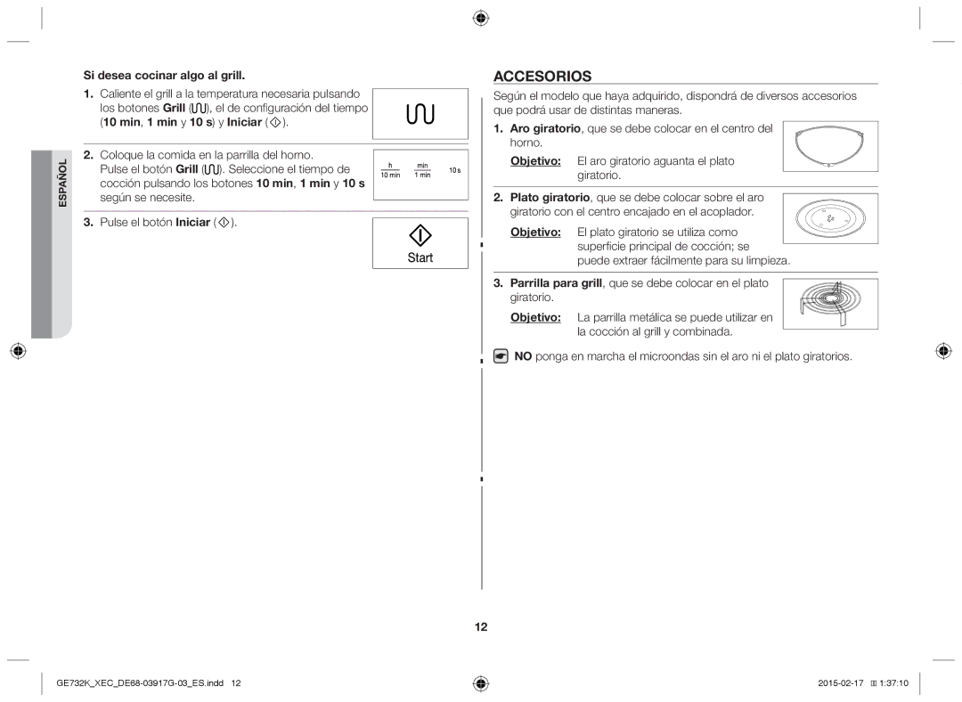 Samsung GE732K/XEC manual Accesorios, Si desea cocinar algo al grill 