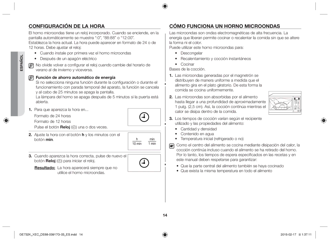 Samsung GE732K/XEC Configuración de la hora, Cómo funciona un horno microondas, Función de ahorro automático de energía 