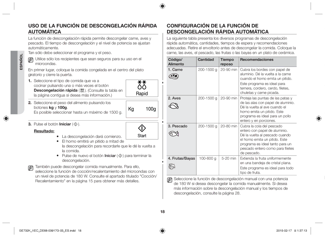 Samsung GE732K/XEC manual Uso de la función de descongelación rápida automática, Resultado 