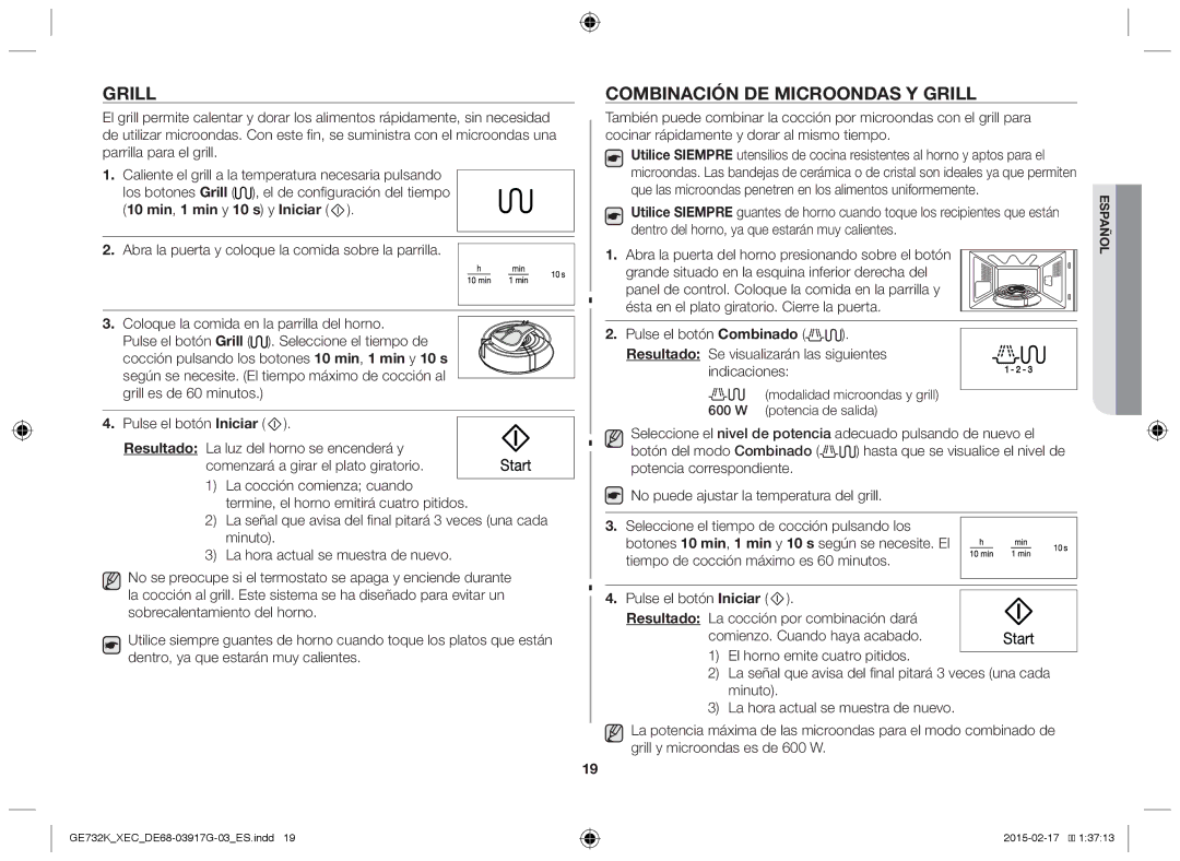 Samsung GE732K/XEC manual Grill, Combinación de microondas y grill, Dentro del horno, ya que estarán muy calientes 