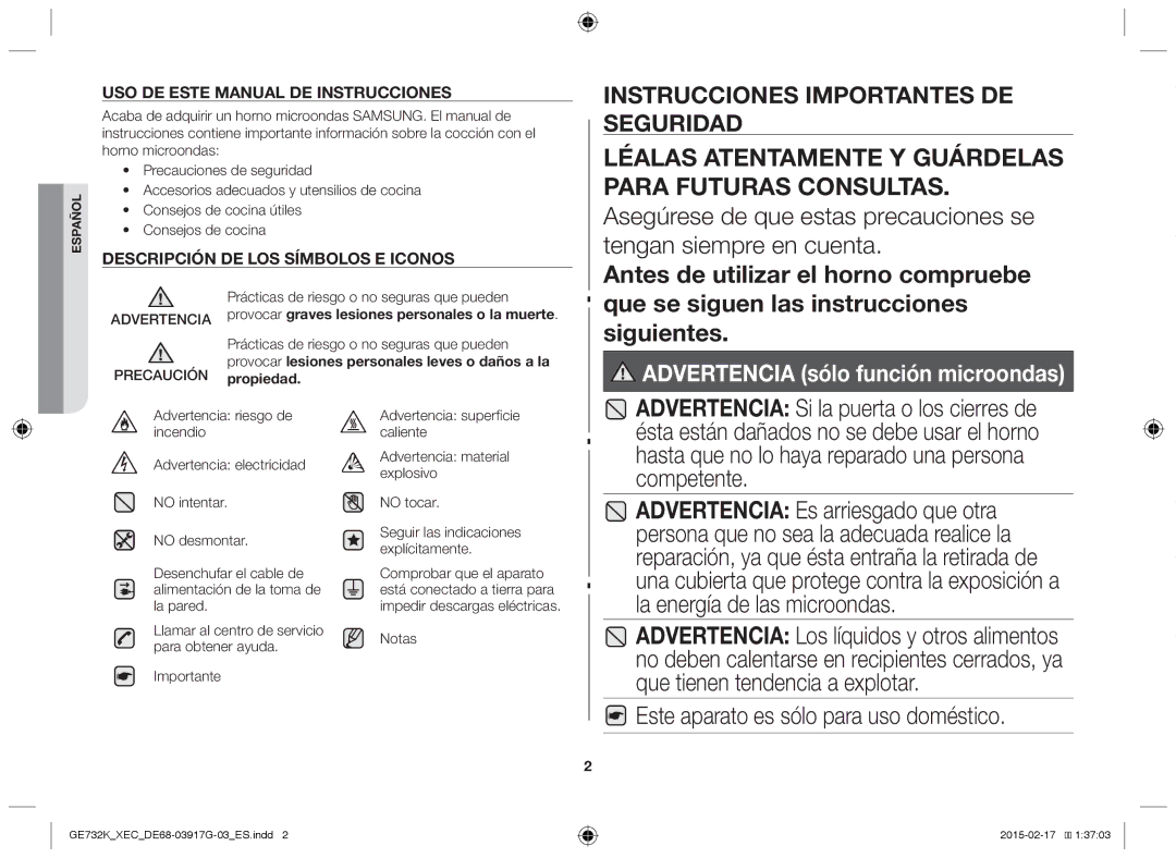 Samsung GE732K/XEC manual Este aparato es sólo para uso doméstico, Notas 