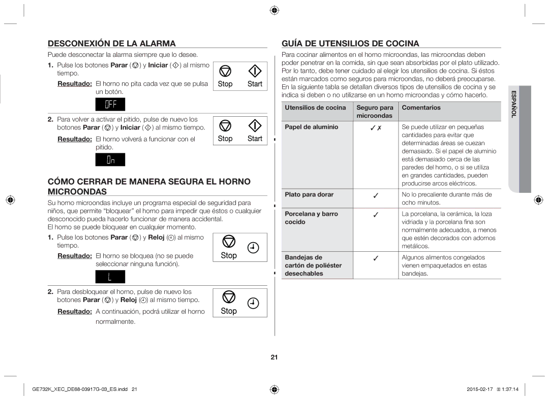 Samsung GE732K/XEC manual Desconexión de la alarma, Cómo cerrar de manera segura el horno microondas 