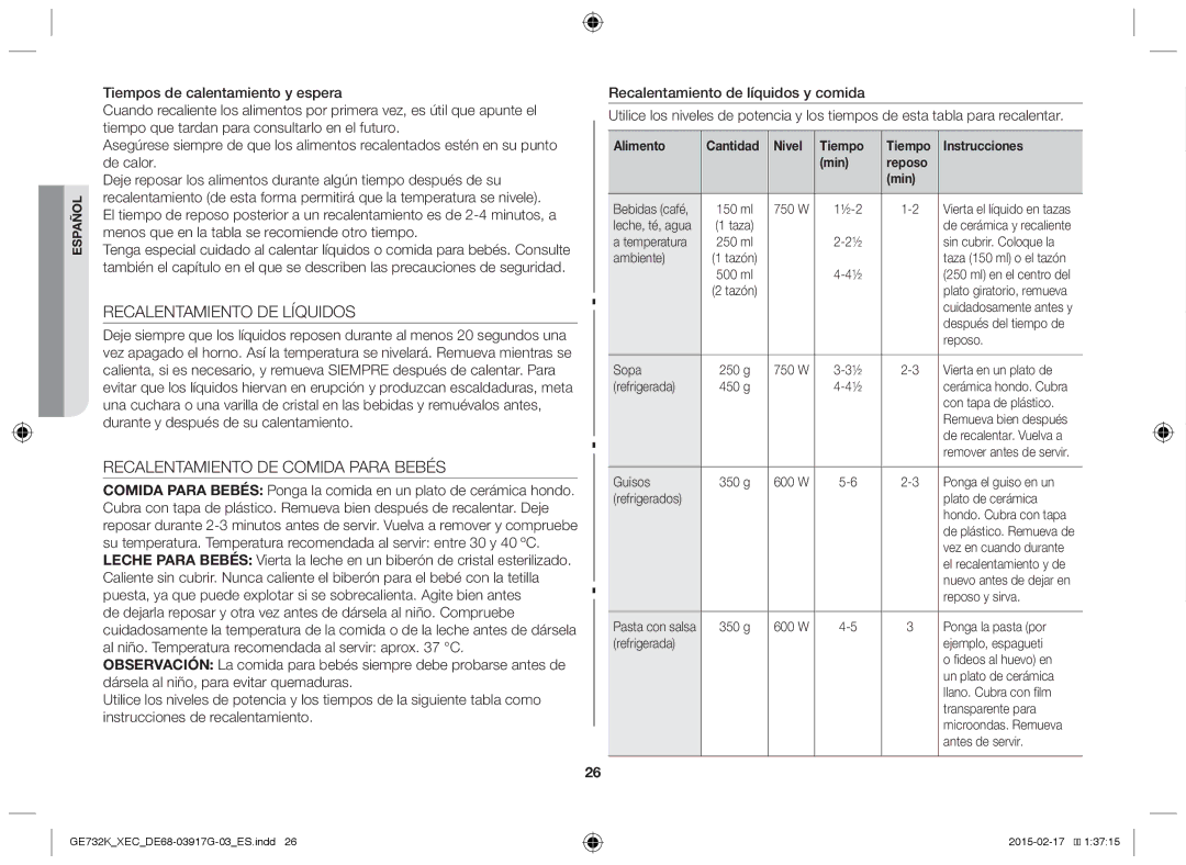 Samsung GE732K/XEC manual Recalentamiento DE Líquidos, Recalentamiento DE Comida Para Bebés 