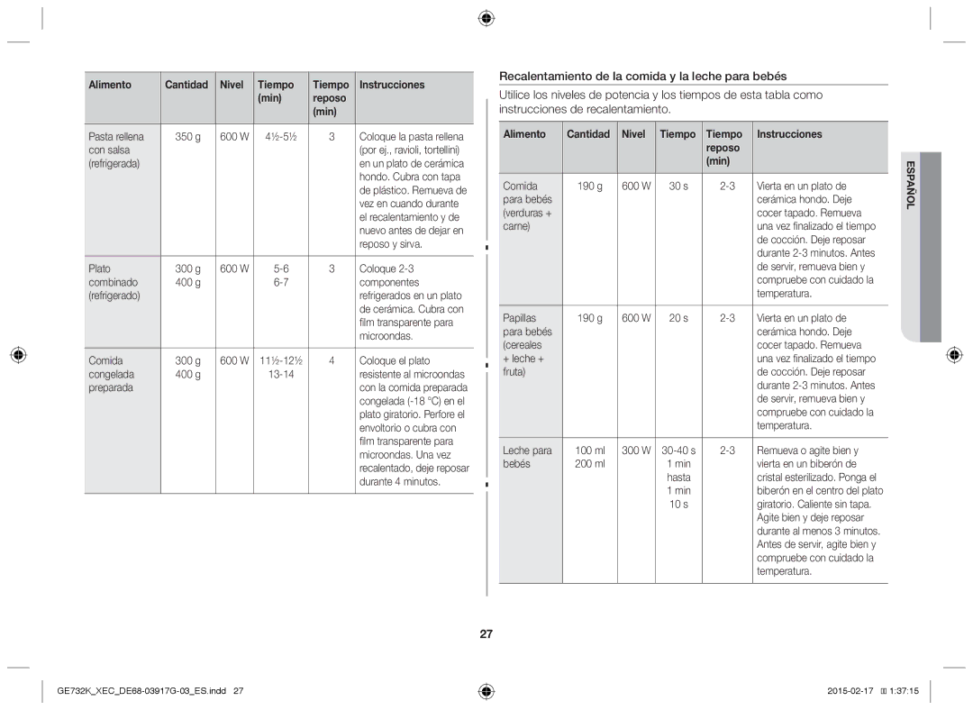 Samsung GE732K/XEC manual Alimento Cantidad Nivel Tiempo Instrucciones Reposo Min 
