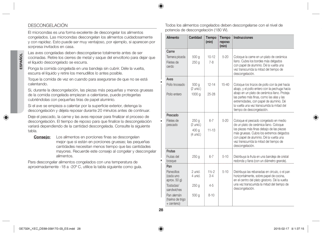 Samsung GE732K/XEC manual Descongelación, Tiempo Instrucciones Min Reposo 