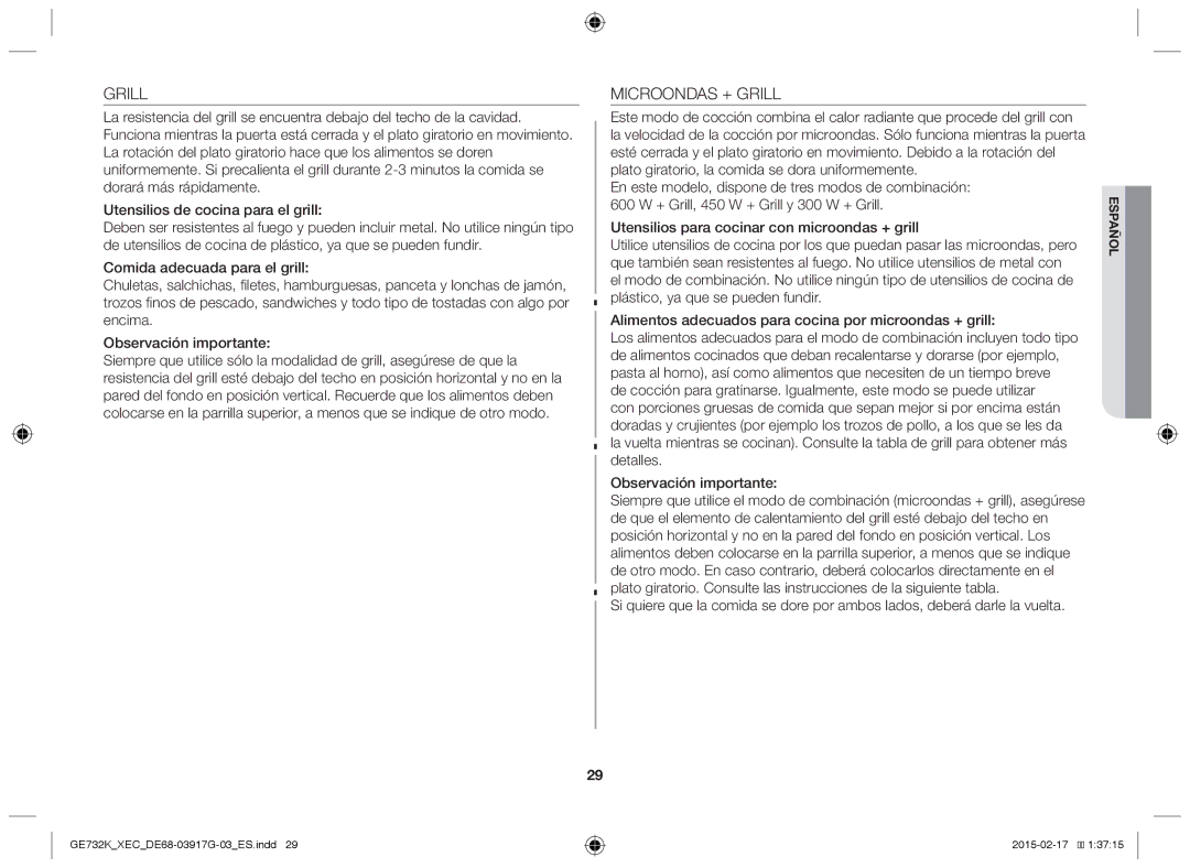 Samsung GE732K/XEC manual Microondas + Grill 