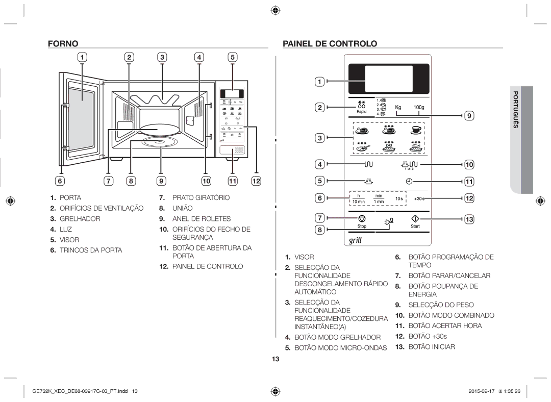 Samsung GE732K/XEC manual Forno Painel de controlo, Botão +30s 