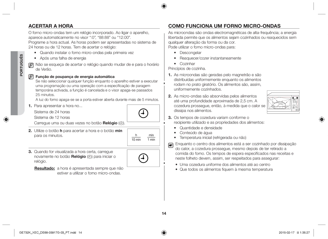 Samsung GE732K/XEC manual Acertar a hora, Como funciona um forno micro-ondas, Função de poupança de energia automática 