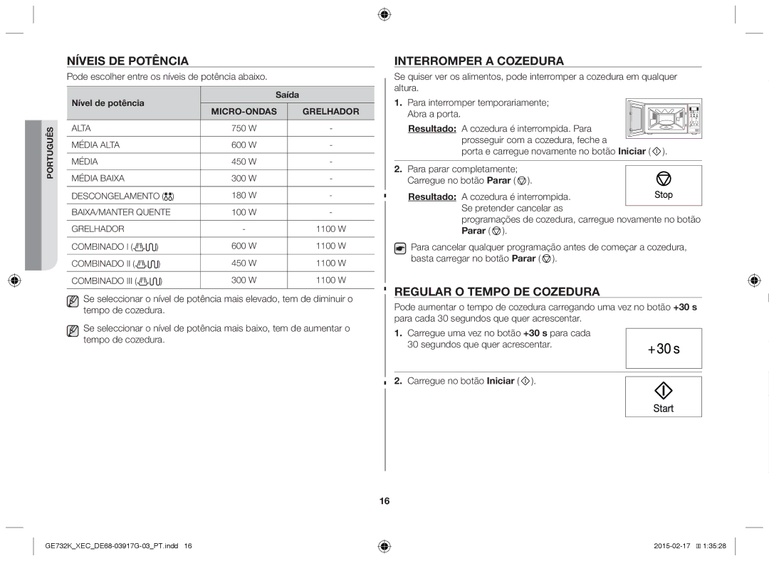 Samsung GE732K/XEC manual Níveis de potência, Interromper a cozedura, Regular o tempo de cozedura 