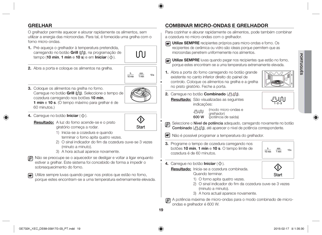 Samsung GE732K/XEC manual Grelhar, Combinar micro-ondas e grelhador, Abra a porta do forno carregando no botão grande 